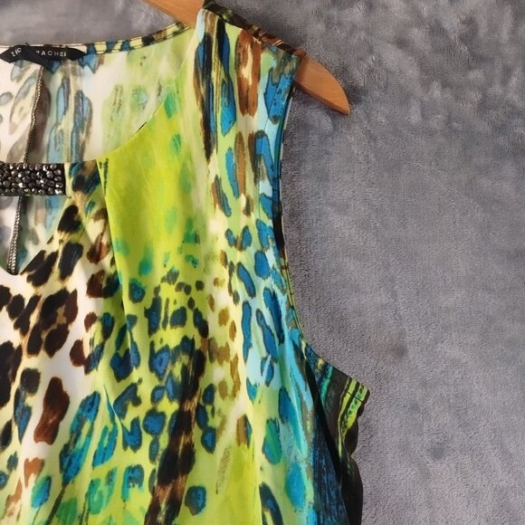 Zac & Rachel Womens Sleeveless TankTop L Green Blue Animal Print Beaded Hem Boho - Picture 3 of 11